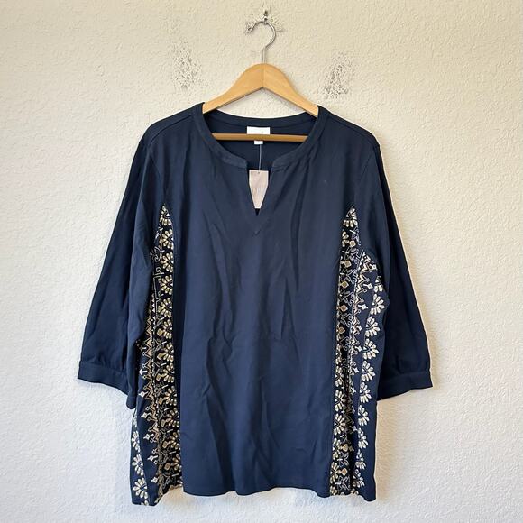 J.JILL PURE JILL Top Blouse Navy Blue Embroidered Cotton Boho NWT - Picture 1 of 9